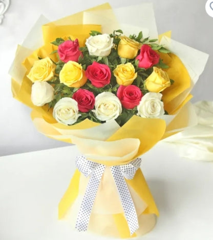 Pink Yellow White Roses Bouquet