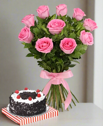 Black Forest Cake & Pink Roses Bunch