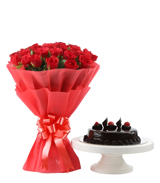 Chocolate Cake With Red Roses Bouquet