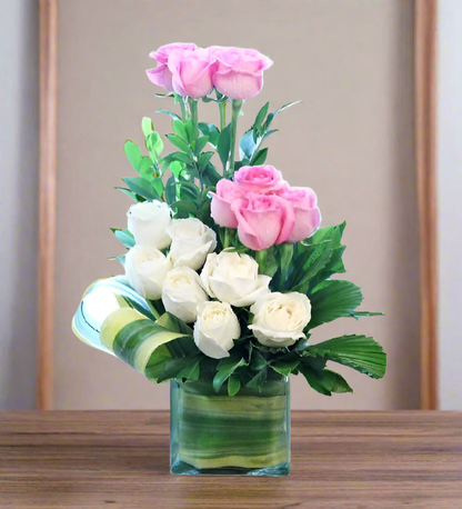 Vase Arrangement Of Pink & White Roses