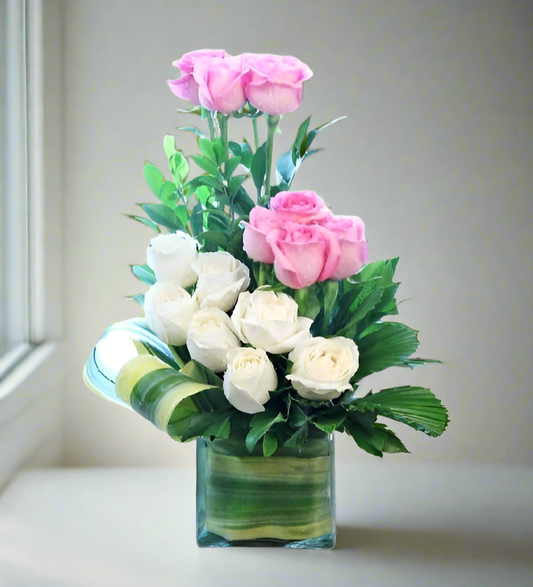 Vase Arrangement Of Pink & White Roses